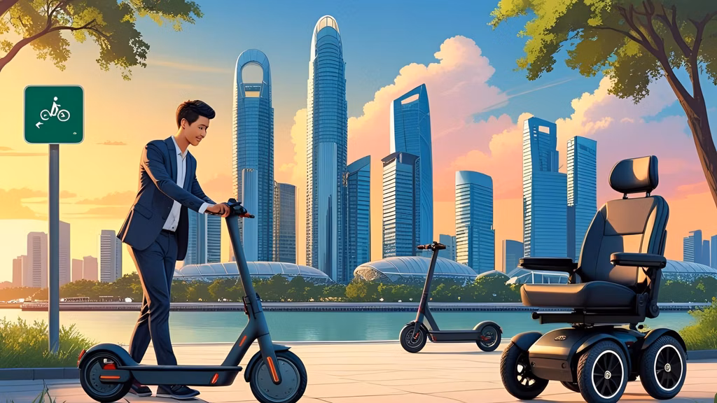 A bright, high‑resolution digital illustration of a modern Singapore skyline at golden hour with sleek e‑scooters and electric wheelchairs in the foreground. On the left, a young professional unfo