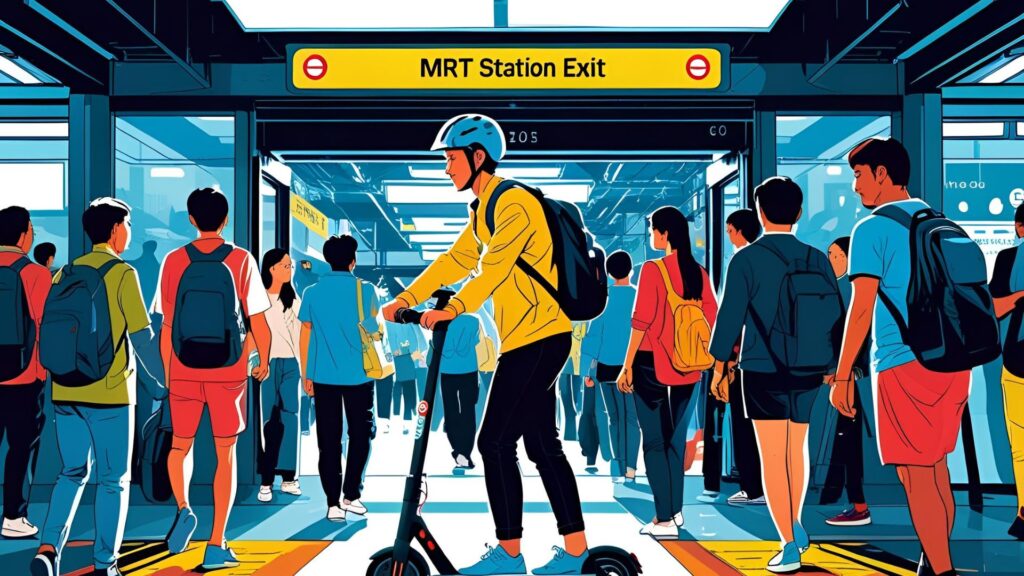 A commuter using an e-scooter on a park connector or MRT station exit