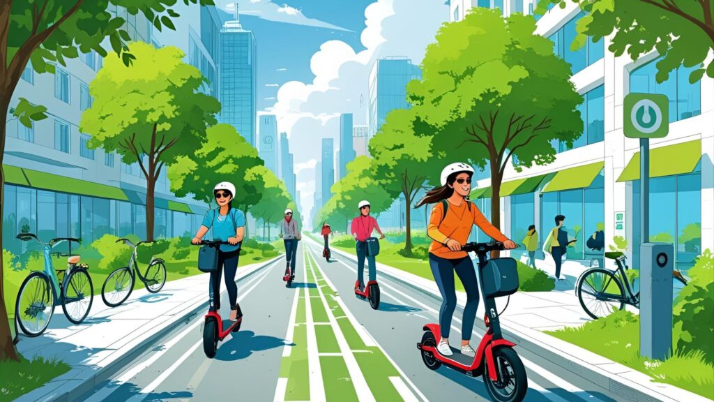 A green cityscape with e-scooter riders on bike lanes surrounded by trees and clean air.