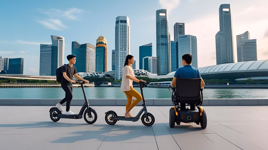 A modern, clean, and vibrant cityscape of Singapore featuring a mix of e-mobility users — one person riding an eBike, another on an eScooter, and a third using an electric wheelchair.