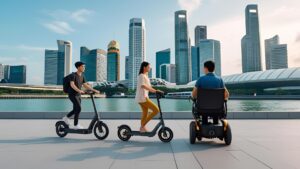 A modern, clean, and vibrant cityscape of Singapore featuring a mix of e-mobility users — one person riding an eBike, another on an eScooter, and a third using an electric wheelchair.