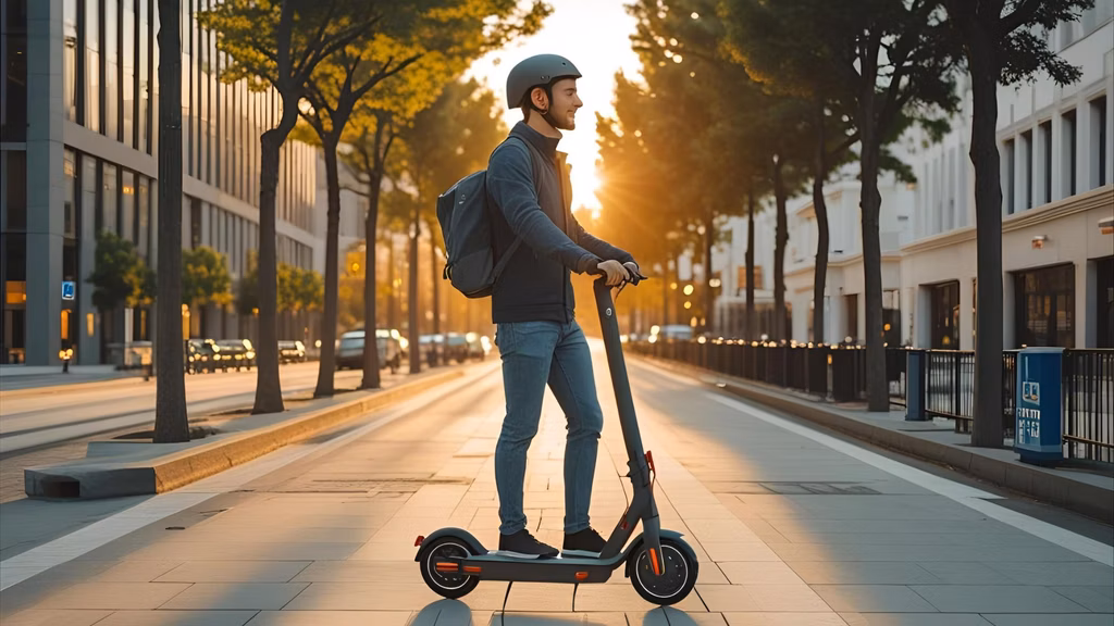 A modern urban commuter confidently rides an e-scooter through a clean, tree-lined city street during golden hour, symbolizing freedom, sustainability, and smart mobility.