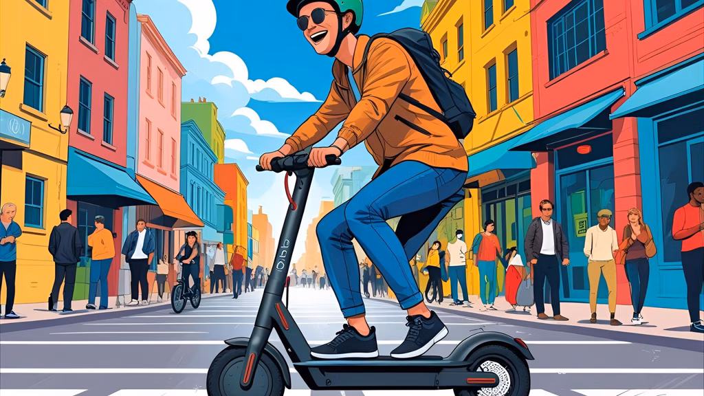 A rider balancing confidently on an e-scooter with a smile, in a park or urban setting.