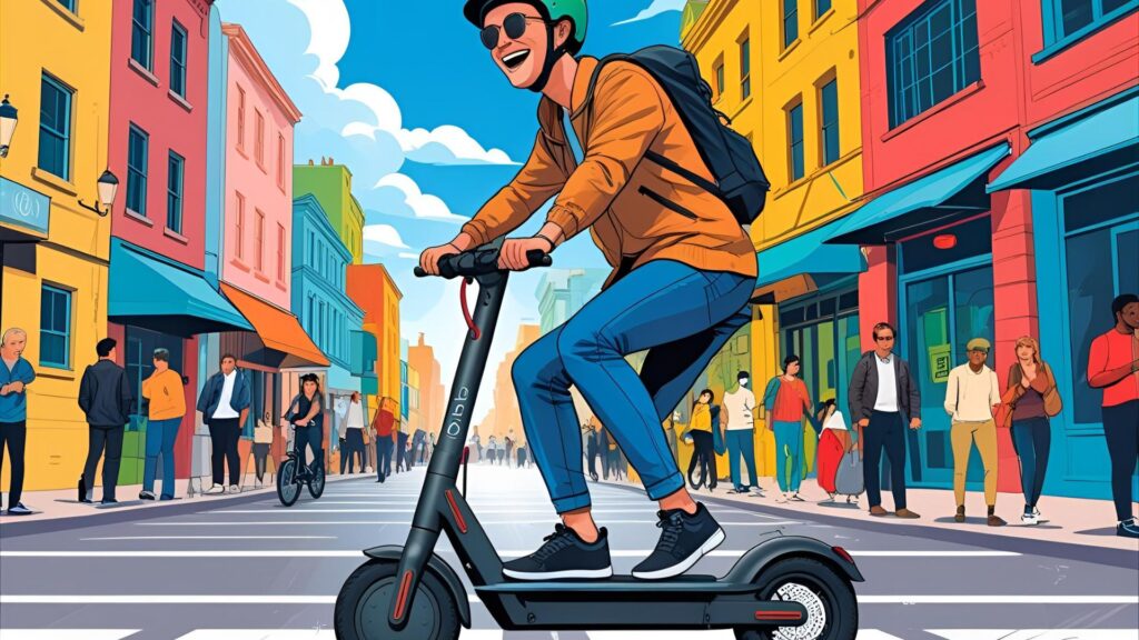 A rider balancing confidently on an e-scooter with a smile, in a park or urban setting.