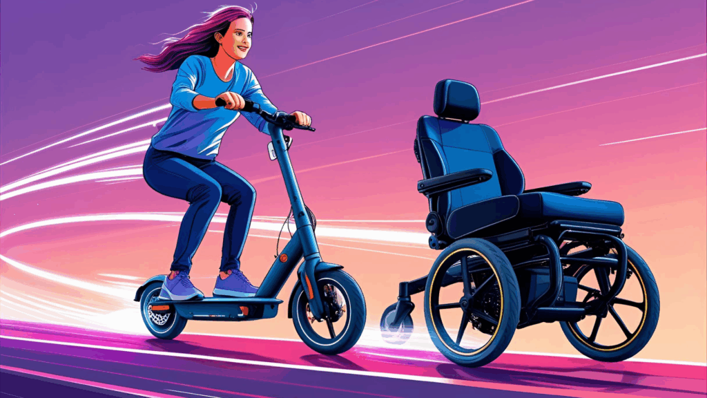 A sleek, high-tech visual of an eScooter and eWheelchair in motion, captured against a soft-gradient background with a futuristic glow.