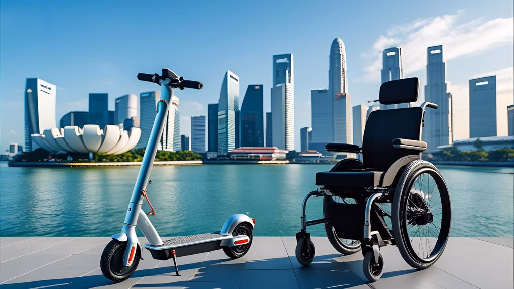 A sleek, modern shot of an eScooter and eWheelchair against a Singapore cityscape
