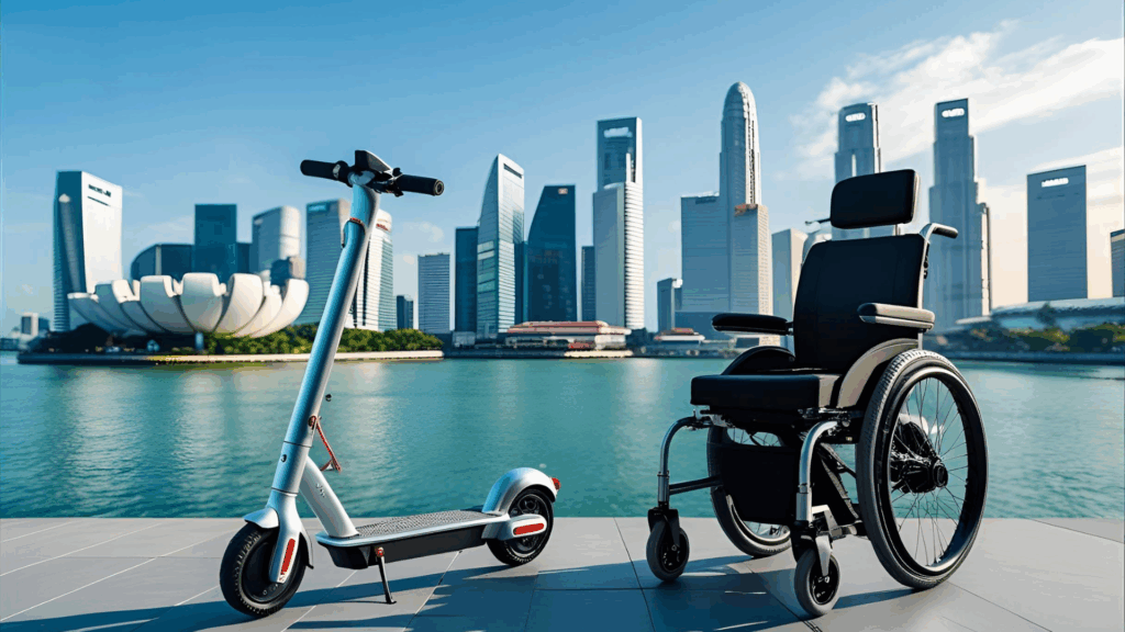 A sleek, modern shot of an eScooter and eWheelchair against a Singapore cityscape