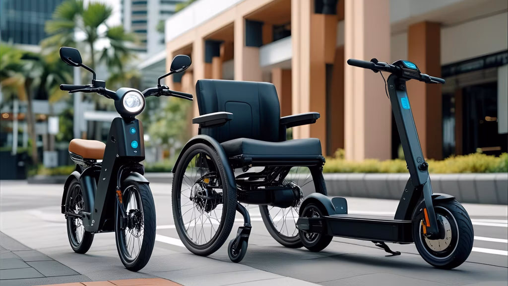 A vibrant, modern scene in Singapore featuring a stylish eBike, a sleek eWheelchair, and a compact eScooter in action.