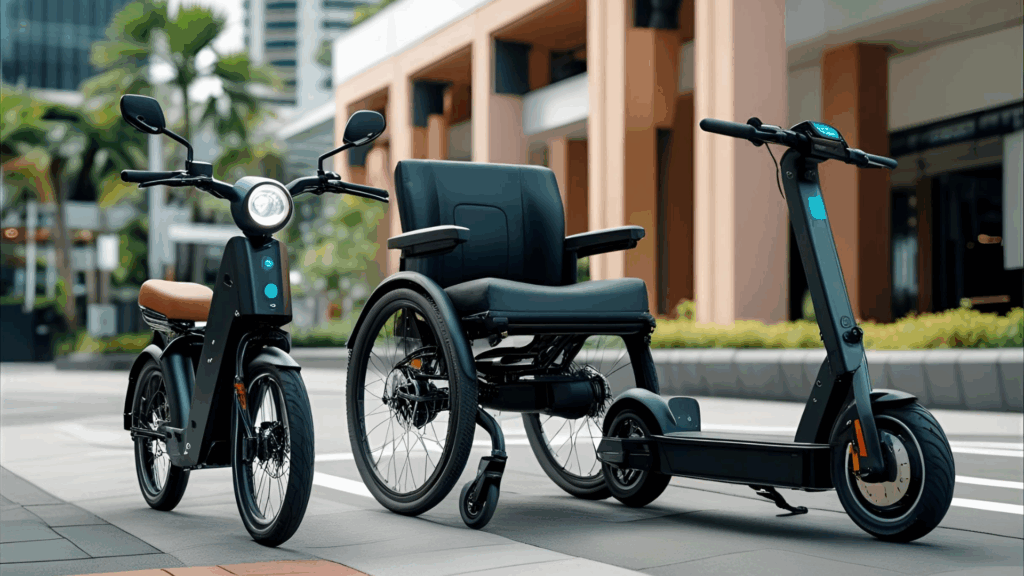 A vibrant, modern scene in Singapore featuring a stylish eBike, a sleek eWheelchair, and a compact eScooter in action.