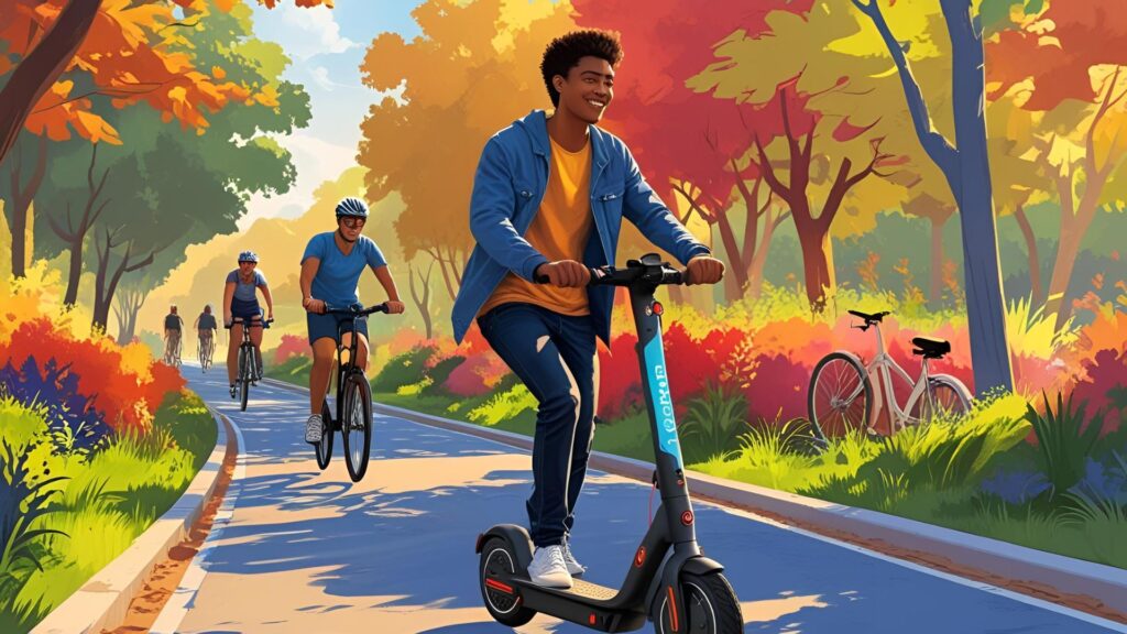 A young adult riding an e-scooter confidently along a shared path