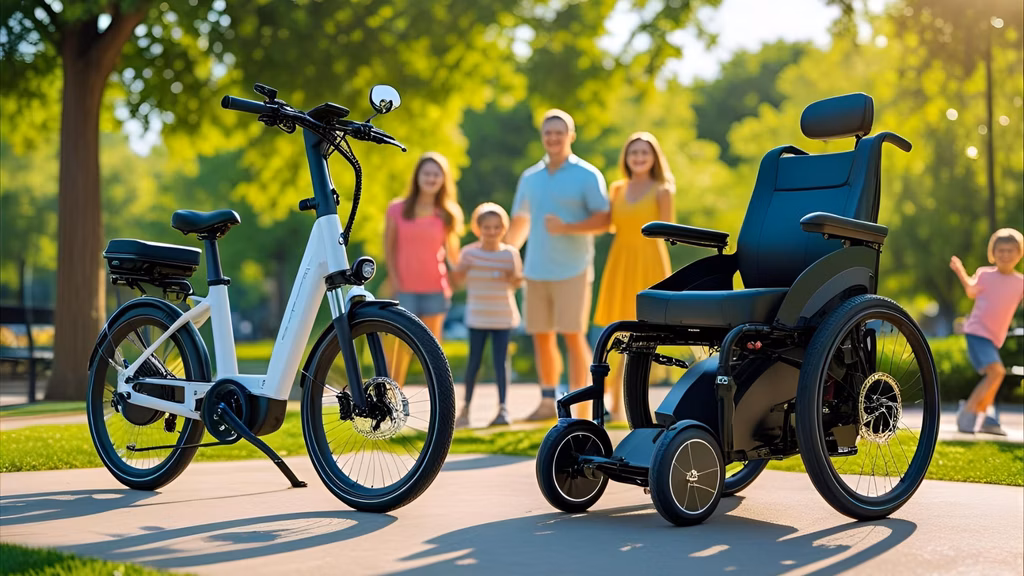 An e-bike, e-scooter, and e-wheelchair parked side by side in a community park.