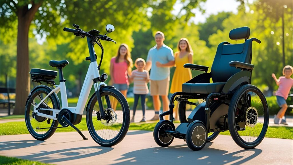 An e-bike, e-scooter, and e-wheelchair parked side by side in a community park.