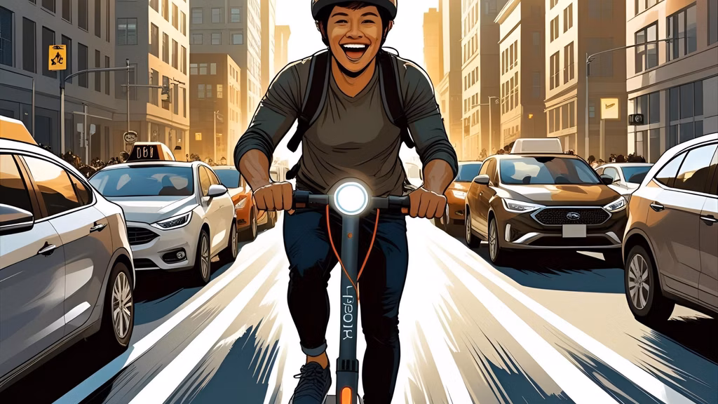 An e-scooter rider zooming past a line of cars stuck in traffic.