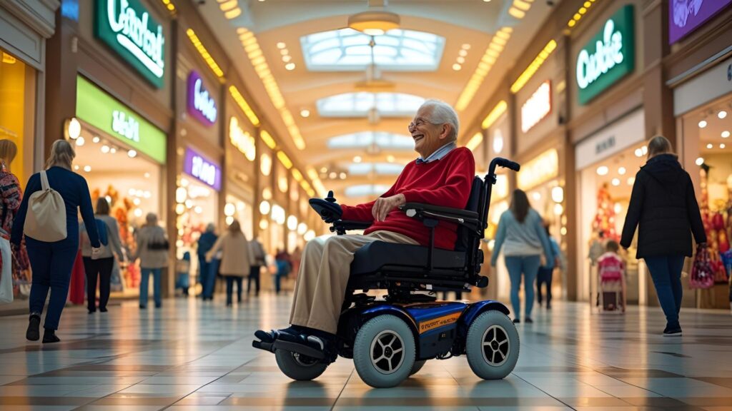 An elderly user confidently navigating a shopping mall in an electric wheelchair