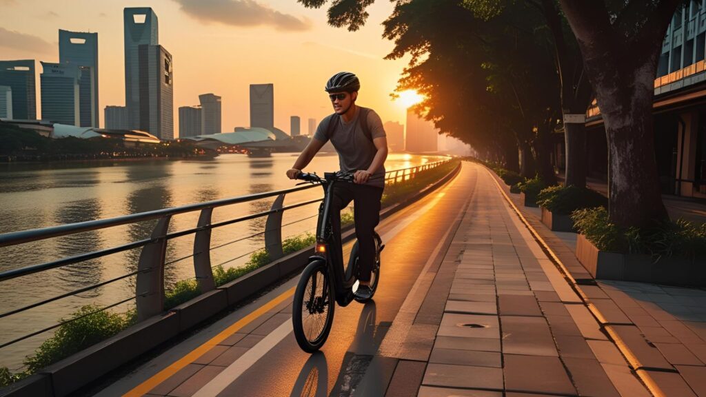 Commuter riding an ebike near the Singapore River