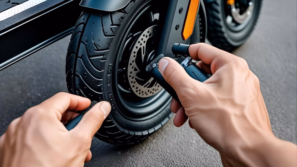 Close-up of hands checking tire pressure and brakes on a parked e-scooter.