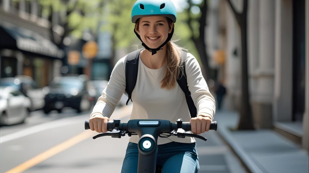 Design a clean, bright image showing a rider wearing a helmet on an e-scooter in an urban setting, such as a bike lane or city street.