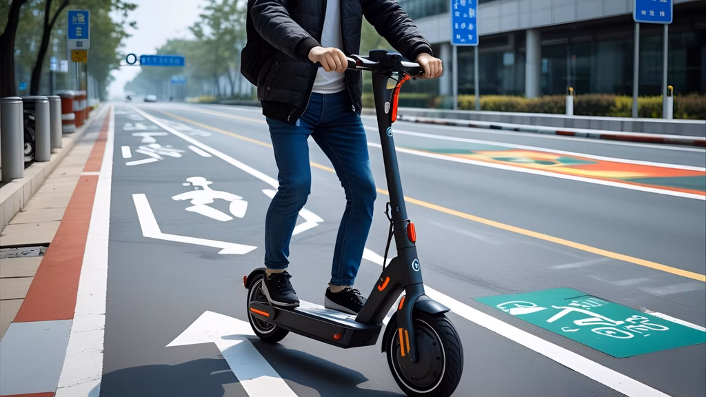 E-scooter rider in a bike lane with clear lane markings and traffic signage.