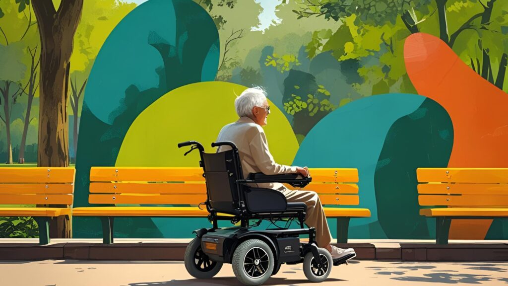 Elderly person confidently using an electric wheelchair in a public park