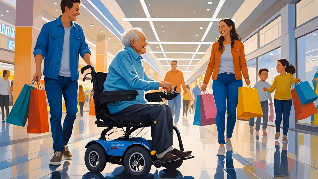Elderly person using an eWheelchair at a park or shopping mall with family nearby