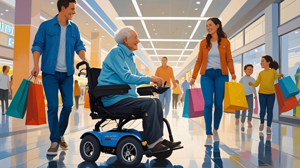 Elderly person using an eWheelchair at a park or shopping mall with family nearby