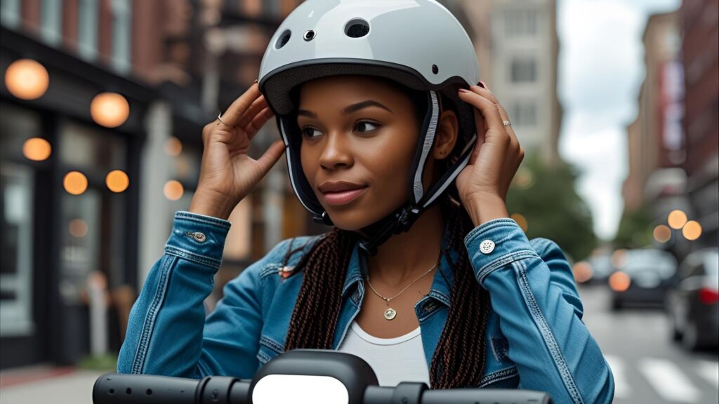 Rider putting on a helmet before starting an e-scooter ride in an urban setting.