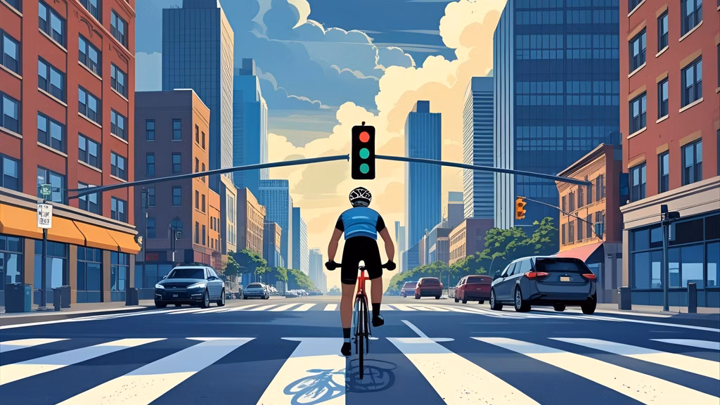 Rider stopping at a red light, clearly visible next to a street sign or crosswalk.