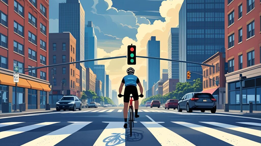 Rider stopping at a red light, clearly visible next to a street sign or crosswalk.