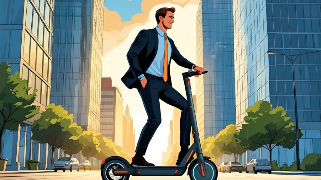 A commuter using an e-bike on a park connector, and another using an e-scooter from the MRT to a nearby office.