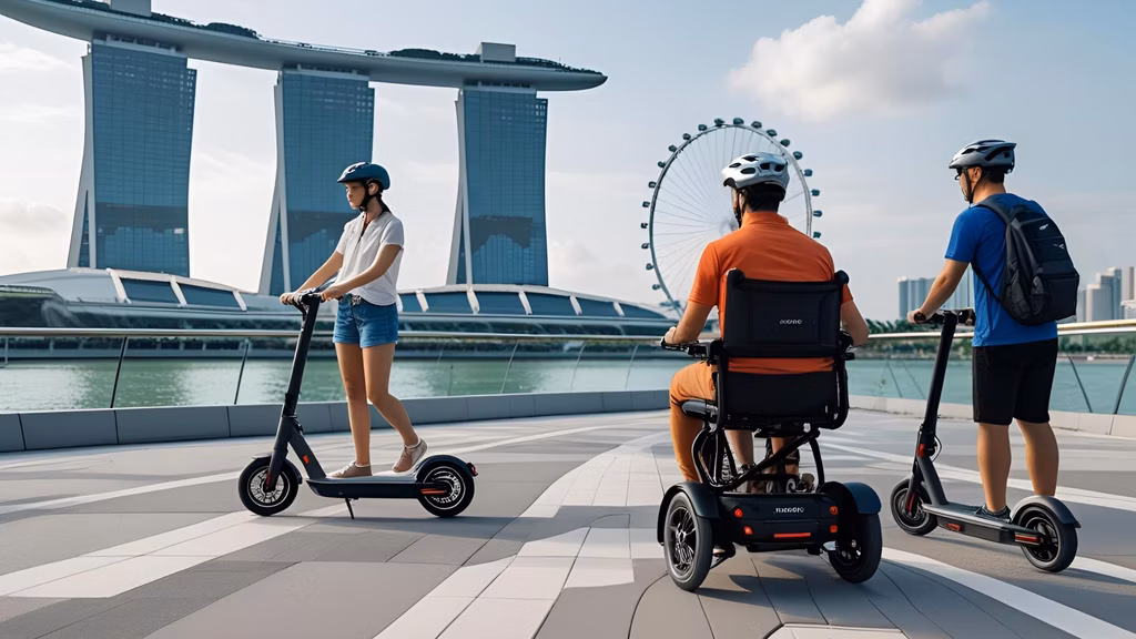 Urban Singapore scene with people using e-scooter, ebike, and electric wheelchair on a shared path. Marina Bay Sands in the background. Clean, modern, and inclusive vibe.
