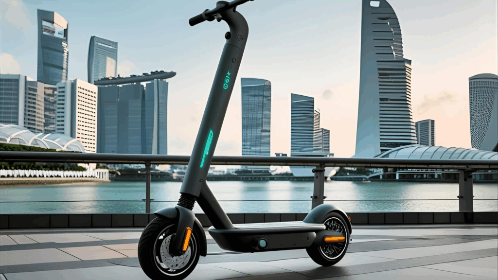 A sleek eScooter gliding through Singapore's modern urban landscape.