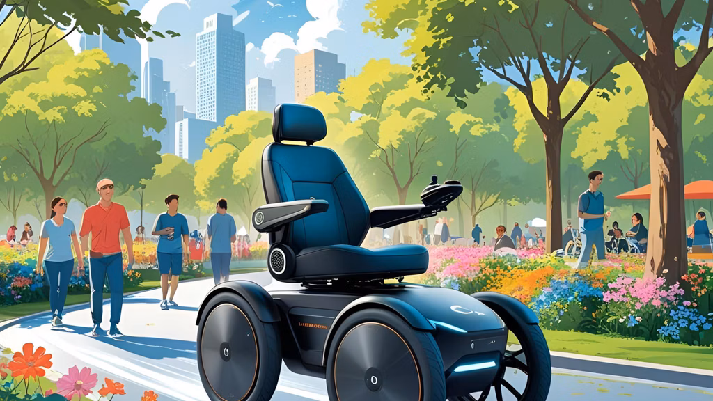 A sleek, modern eWheelchair in motion, set against a bright, urban backdrop (e.g., a park or city sidewalk).