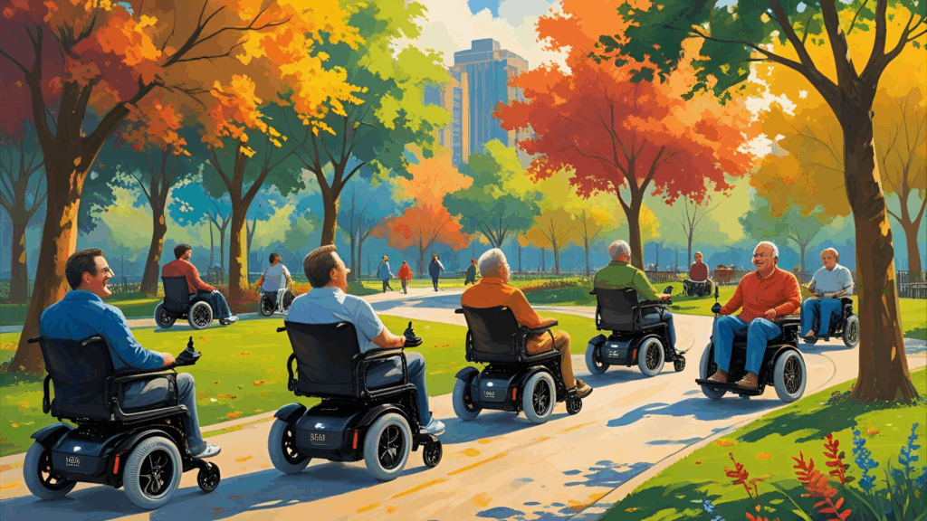 Diverse users enjoying eWheelchair in sunny urban park