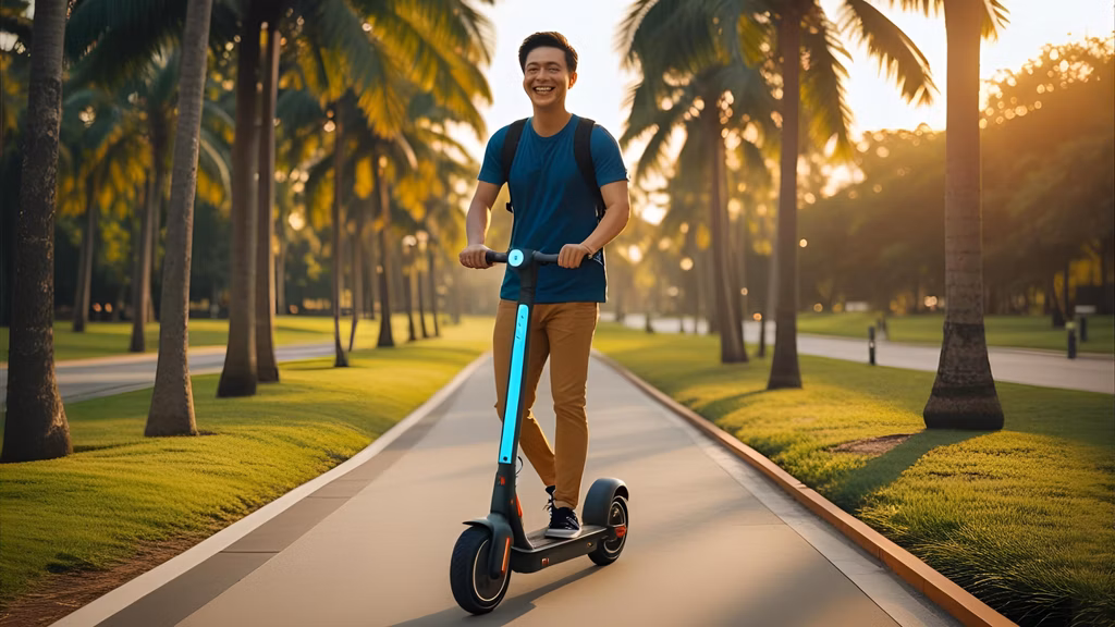 User smiles in eScooter on Singapore park path.